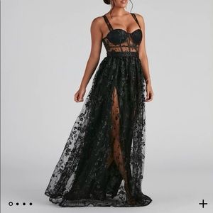 Windsor Black A-Line Lace Corset Dress with Double Slit
